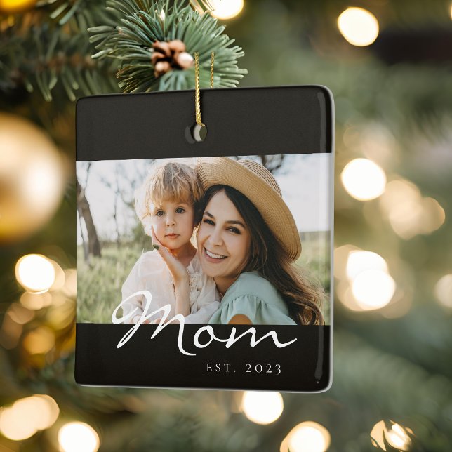 Mum Established Black White Script Photo  Ceramic Ornament (Creator Uploaded)