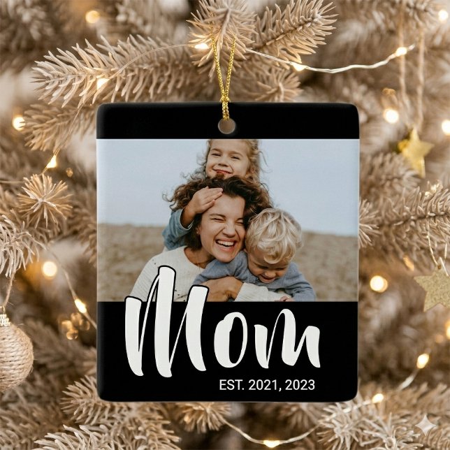 Mum Established Black White Script Photo Ceramic Ornament (Mom Established Black White Script Photo Ceramic Ornament)