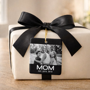Mum Established Black White Script Photo  Ceramic Ornament