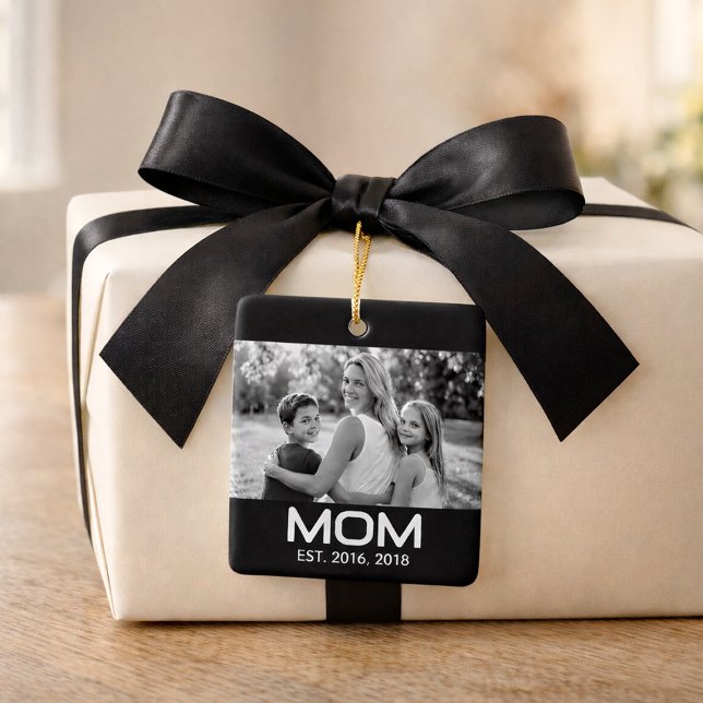 Mum Established Black White Script Photo  Ceramic Ornament (Creator Uploaded)