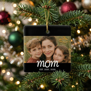 Mum Established Black White Script Photo Ceramic Ornament