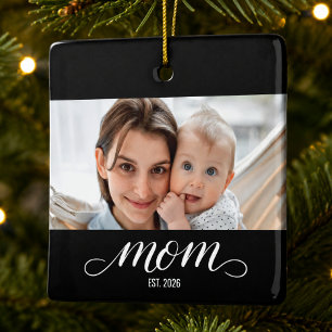 Mum Established Black White Script Photo Ceramic Ornament