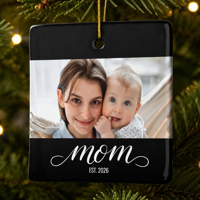 Mum Established Black White Script Photo Ceramic Ornament (Creator Uploaded)