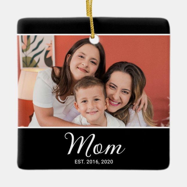 Mum Established Black White Script Photo Ceramic Ornament (Front)