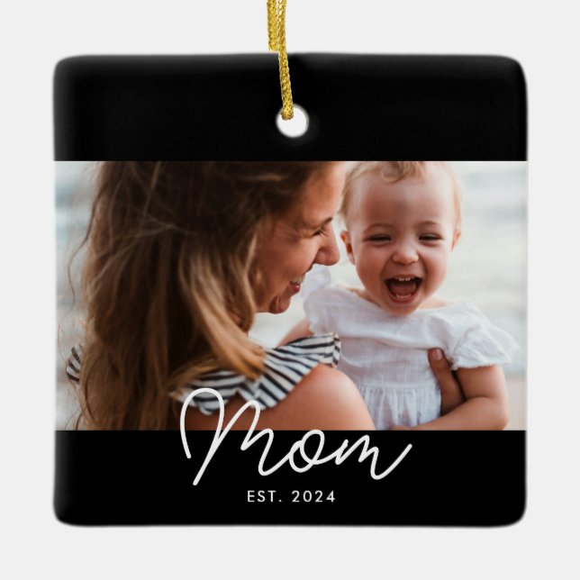 Mum Established Black White Script Photo Ceramic Ornament (Front)