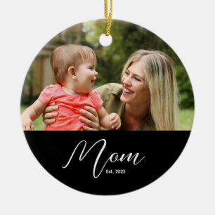 Mum Established Black White Script Photo Ceramic Ornament
