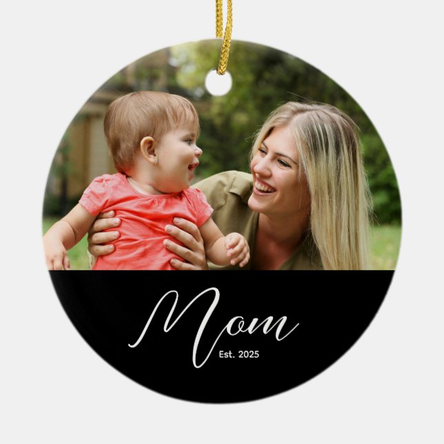 Mum Established Black White Script Photo Ceramic Ornament (Front)