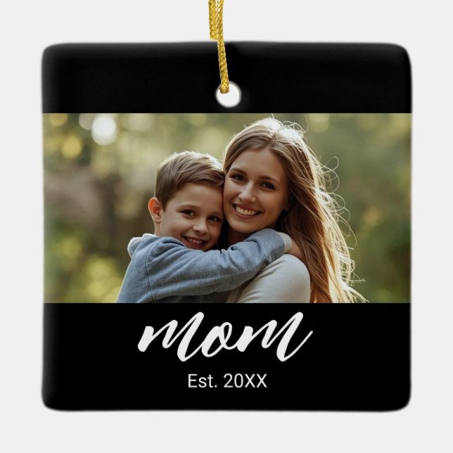 Mum Established Black White Script Photo Ceramic Ornament (Front)