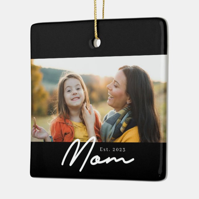 Mum Established Black White Script Photo Ceramic Ornament (Left)