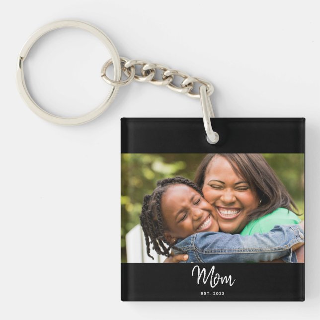 Mum Established Black White Script Photo Key Ring (Front)