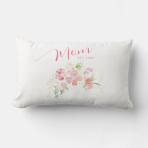 Mum Established Blush Pink Floral Watercolor White Lumbar Cushion