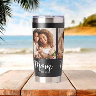 Mum Established Date 3 Photo White Script on Black Insulated Tumbler