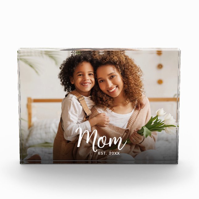 Mum Established Date Custom White Script Modern Photo Block (Front)