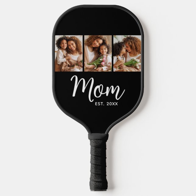 Mum Established Date Fun Script on Black 3 Photo Pickleball Paddle (Front)