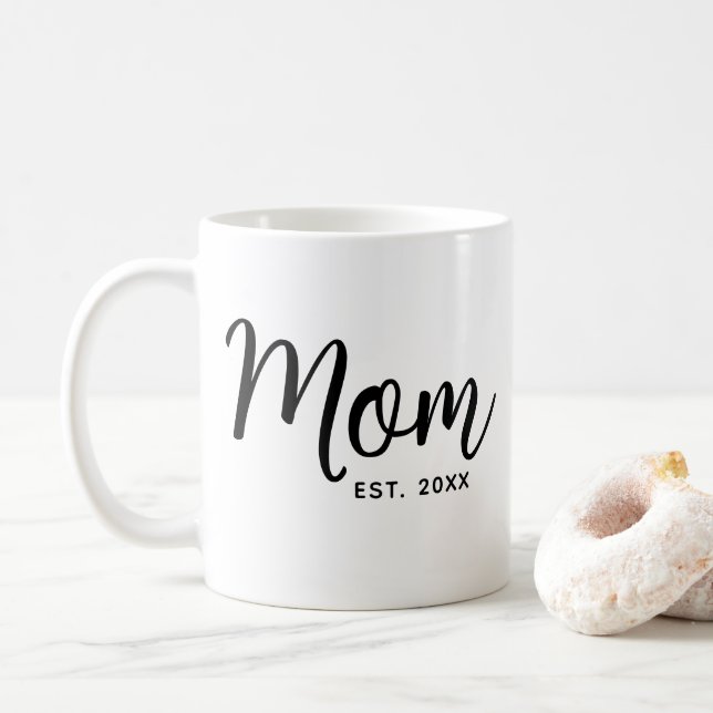 Mum Established Date Script Black New Mum Gift Fun Coffee Mug (With Donut)