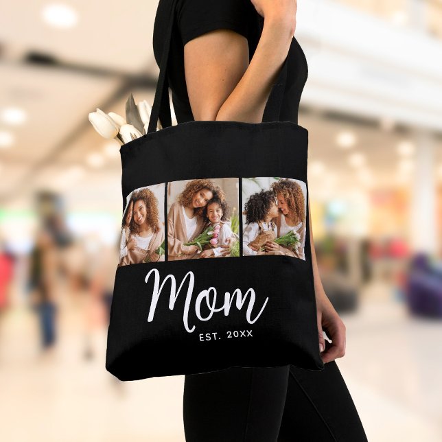 Mum Established Date White Script Black 3 Photo Tote Bag (Creator Uploaded)