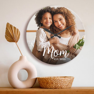 Mum Established Date White Script Custom Photo Large Clock