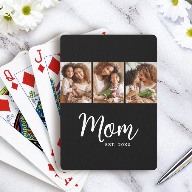 Mum Established Date White Script on Black 3 Photo Playing Cards (Creator Uploaded)