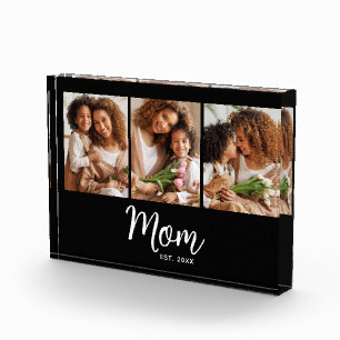 Mum Established Date White Script on Black Modern Photo Block