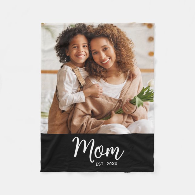 Mum Established Date White Script on Black Photo Fleece Blanket (Front)