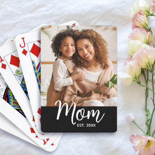 Mum Established Date White Script on Black Photo Playing Cards