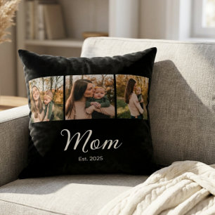 Mum Established Elegant Script Black 3 Photo Cushion