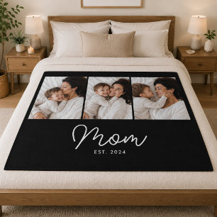 Mum Established Elegant Script Black 3 Photo Fleece Blanket