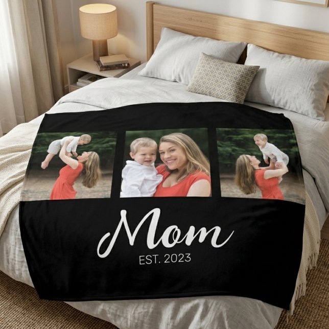 Mum Established Elegant Script Black 3 Photo Fleece Blanket (Creator Uploaded)