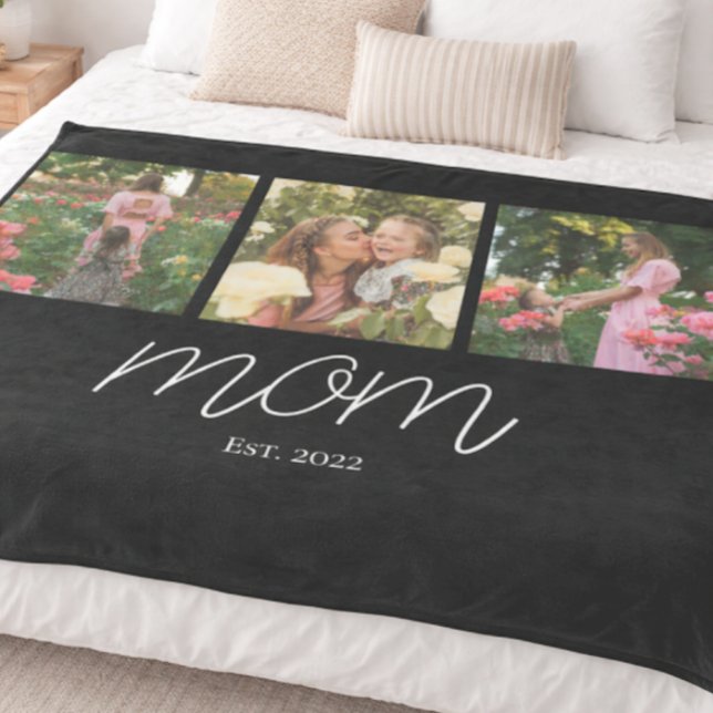 Mum Established Elegant Script Black 3 Photo  Fleece Blanket (Creator Uploaded)