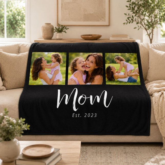 Mum Established Elegant Script Black 3 Photo Fleece Blanket (Creator Uploaded)