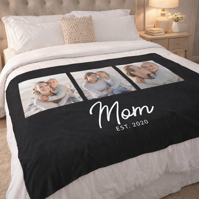 Mum Established Elegant Script Black 3 Photo Fleece Blanket (Creator Uploaded)