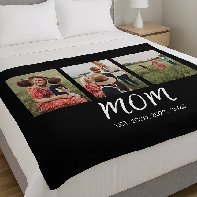 Mum Established Elegant Script Black 3 Photo Fleece Blanket (Creator Uploaded)