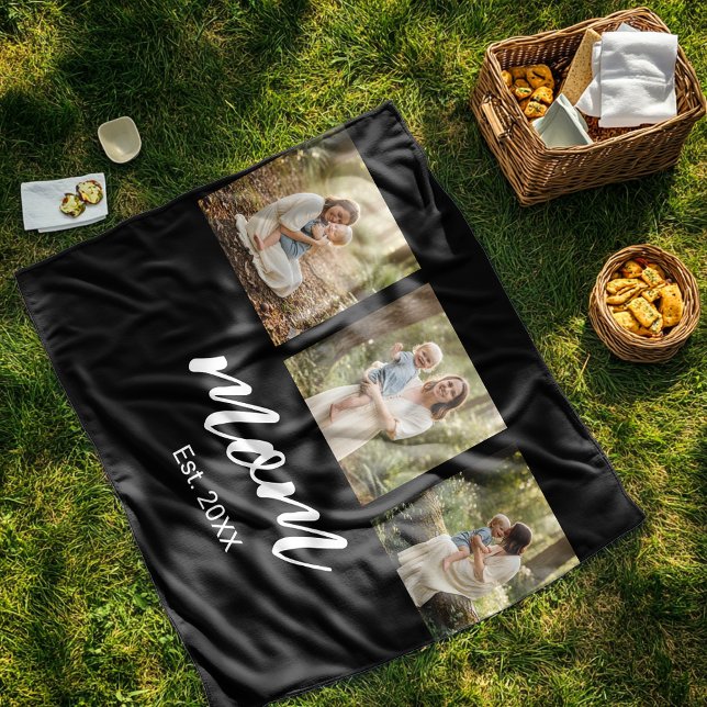 Mum Established Elegant Script Black 3 Photo Fleece Blanket (Creator Uploaded)