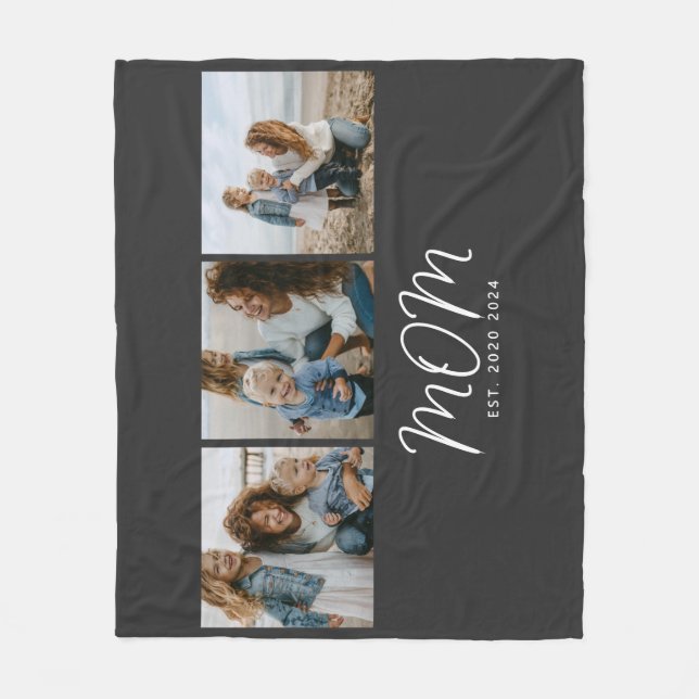 Mum Established Elegant Script Black 3 Photo Fleece Blanket (Front)