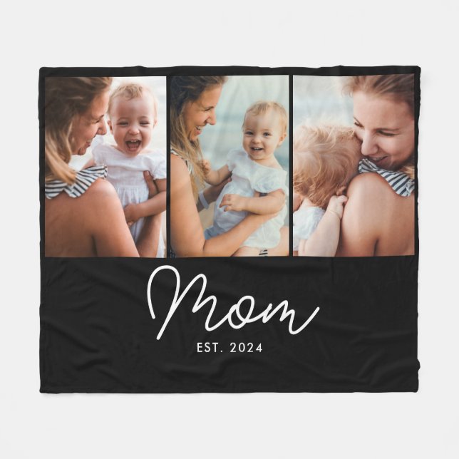 Mum Established Elegant Script Black 3 Photo Fleece Blanket (Front (Horizontal))