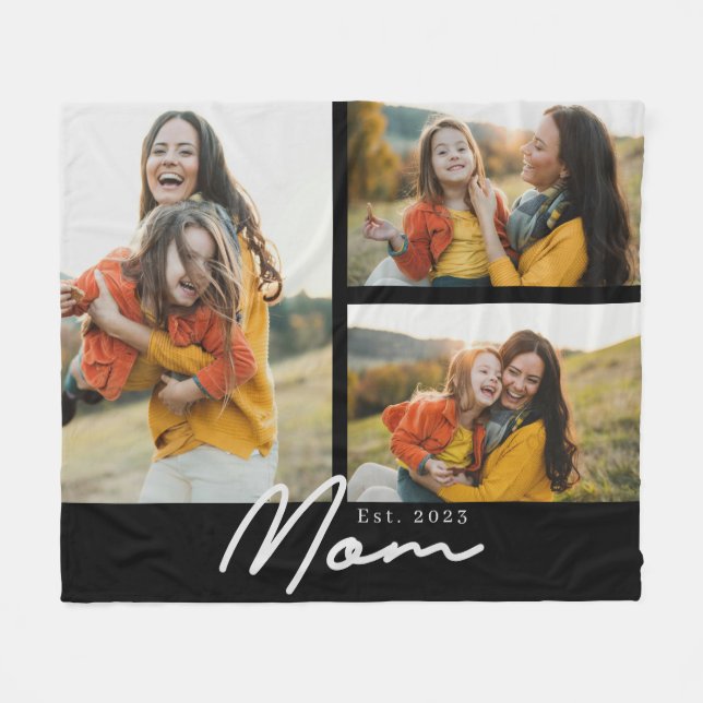 Mum Established Elegant Script Black 3 Photo Fleece Blanket (Front (Horizontal))