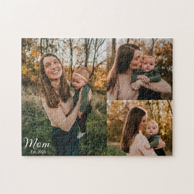Mum Established Elegant Script Black 3 Photo Jigsaw Puzzle (Horizontal)