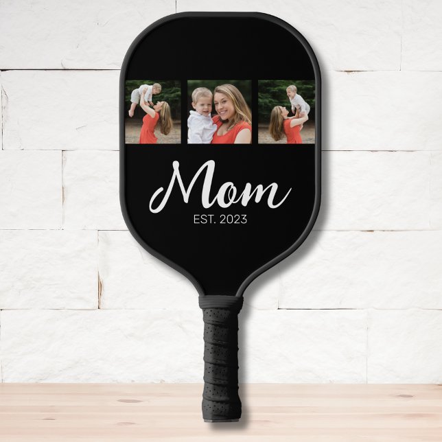 Mum Established Elegant Script Black 3 Photo Pickleball Paddle (Creator Uploaded)