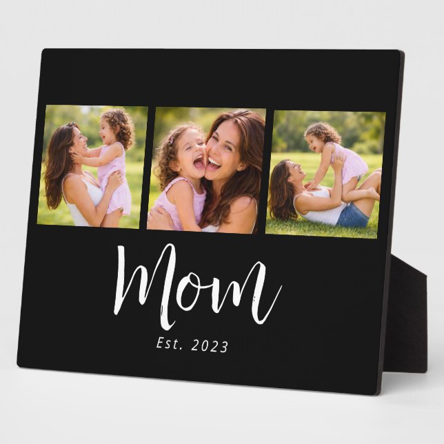 Mum Established Elegant Script Black 3 Photo Plaque (Side)