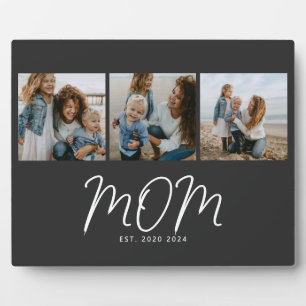 Mum Established Elegant Script Black 3 Photo Plaque