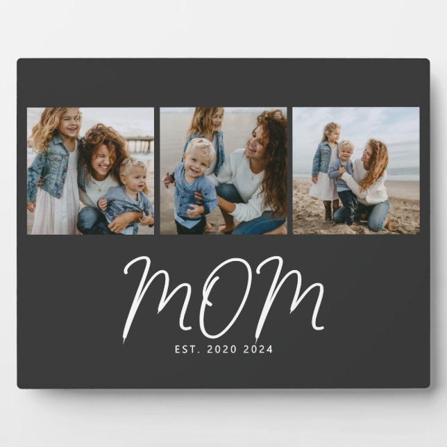 Mum Established Elegant Script Black 3 Photo Plaque (Front)