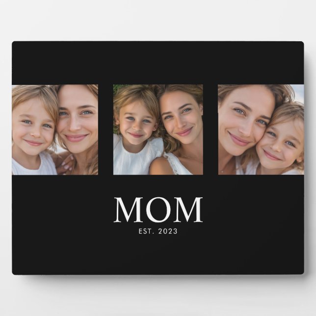 Mum Established Elegant Script Black 3 Photo Plaque (Front)