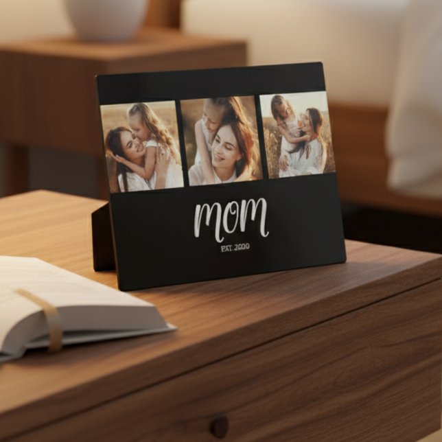 Mum Established Elegant Script Black 3 Photo Plaque (Creator Uploaded)