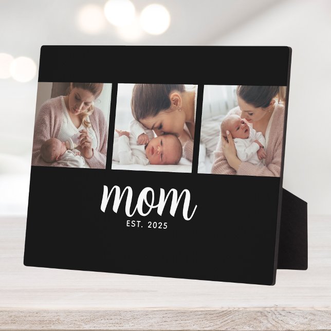 Mum Established Elegant Script Black 3 Photo Plaque (Creator Uploaded)