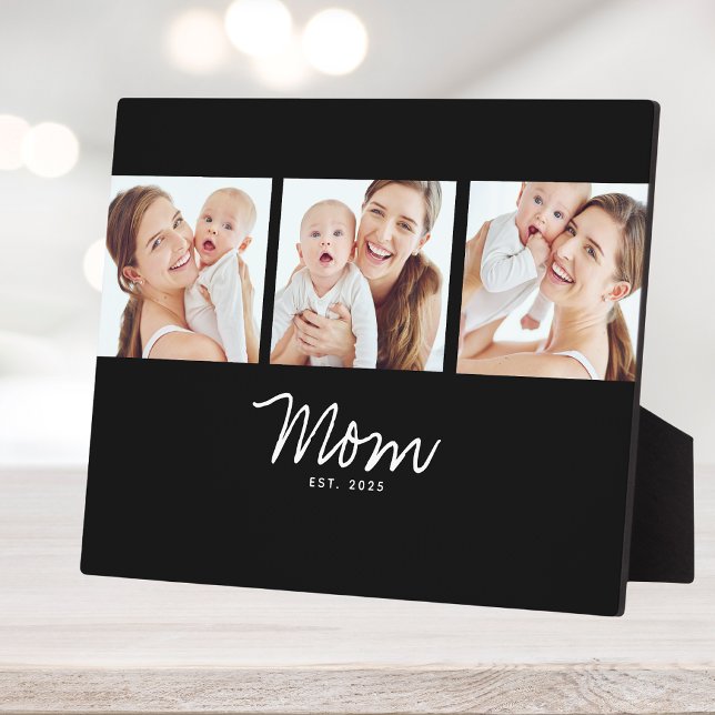 Mum Established Elegant Script Black 3 Photo Plaque (Creator Uploaded)