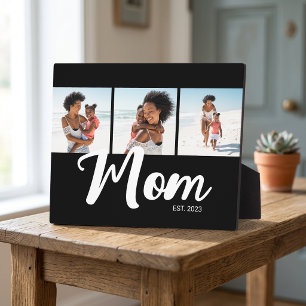 Mum Established Elegant Script Black 3 Photo Plaque