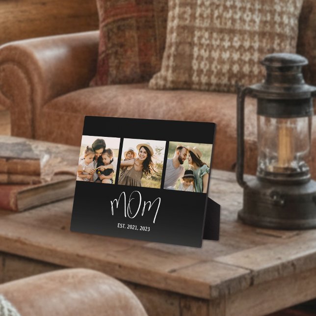 Mum Established Elegant Script Black 3 Photo Plaque (Creator Uploaded)
