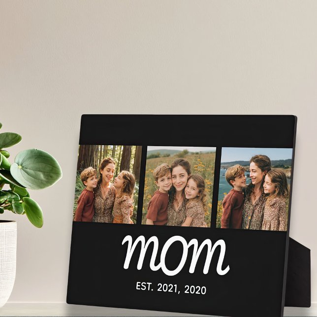 Mum Established Elegant Script Black 3 Photo Plaque (Creator Uploaded)