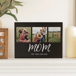 Mum Established Elegant Script Black 3 Photo Plaque