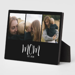Mum Established Elegant Script Black 3 Photo Plaque